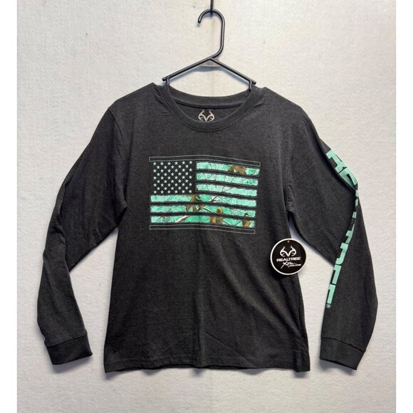 Realtree Long Sleeve Shirt M Charcoal Gray W/ Teal Camo Flag Design - Picture 1 of 11